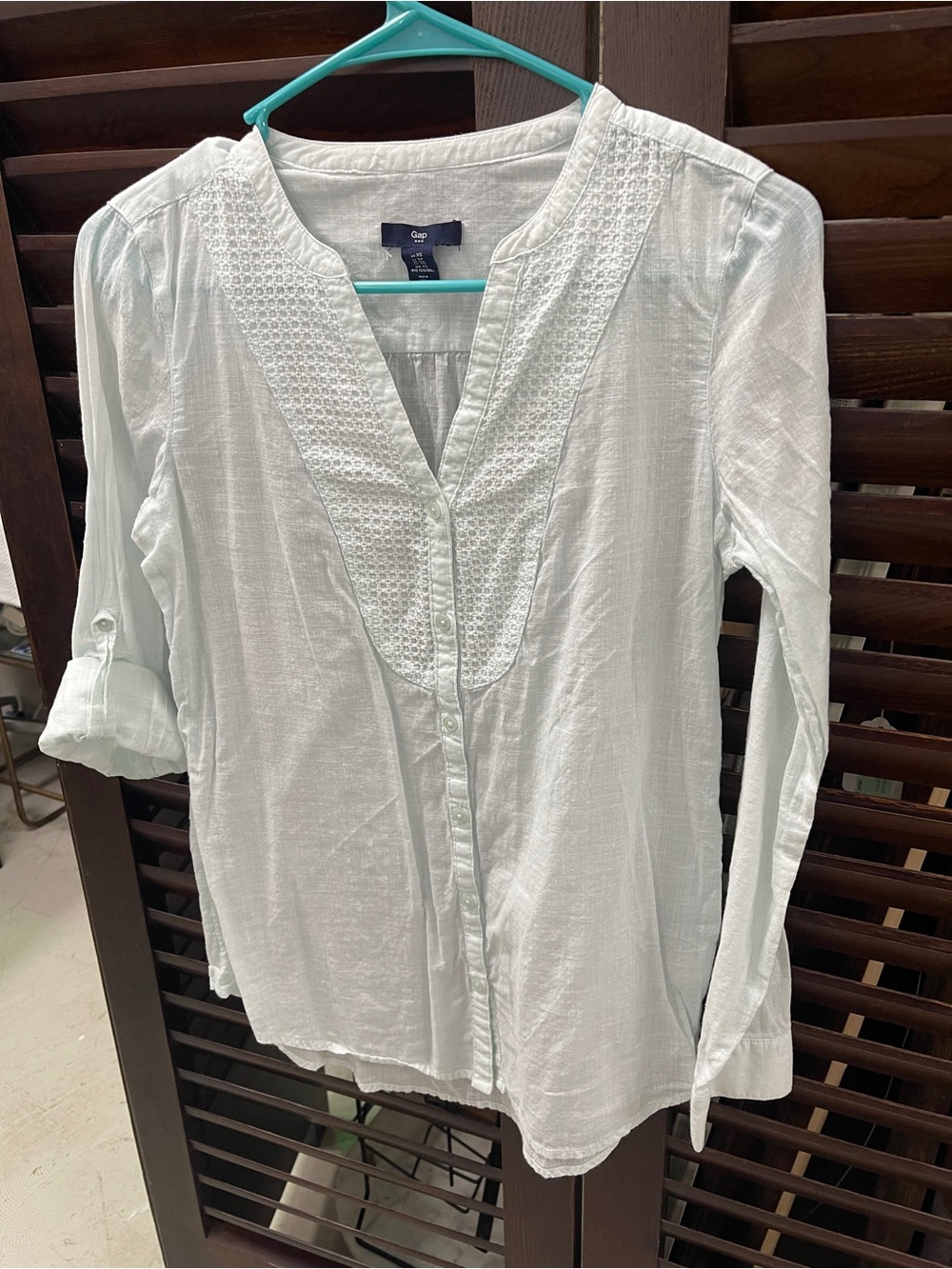 GAP Pale Blue Gauze Button-Up Blouse with Embroidered Yoke